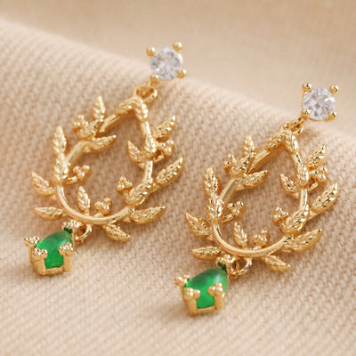 Green Stone & Crystal Fern Drop Earrings in Gold