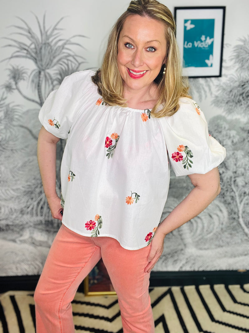 Emily Embroidered Floral Puff Sleeve Bardot Top