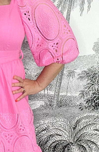 Pink Valentina Broderie Panel Puff Sleeve Maxi Dress