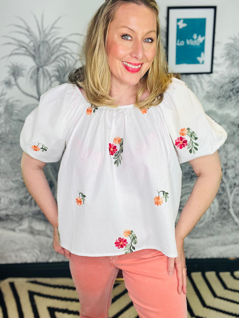 Emily Embroidered Floral Puff Sleeve Bardot Top