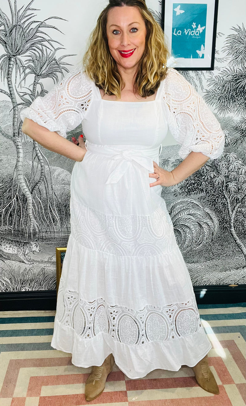 White Valentina Broderie Panel Puff Sleeve Maxi Dress