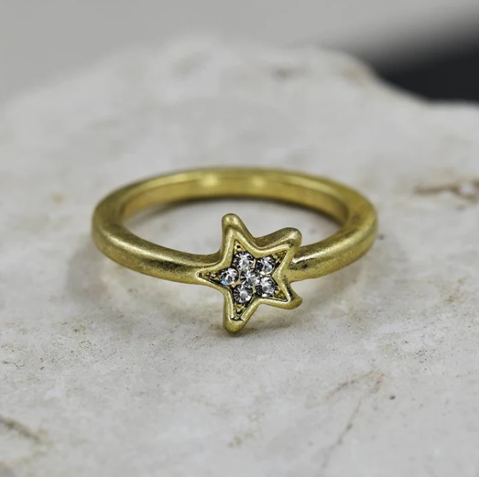 Matte Gold Little Star Ring with Crystal