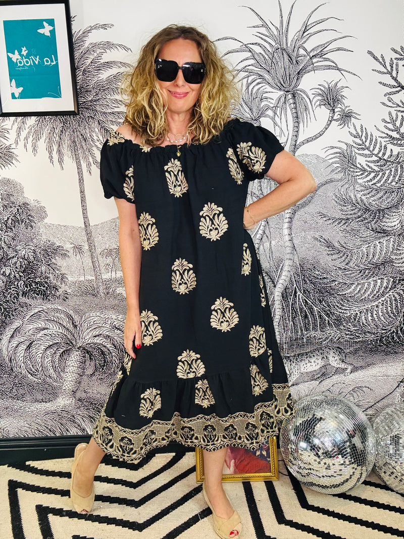 Suki Bardot Midi Dress with Gold Embroidery