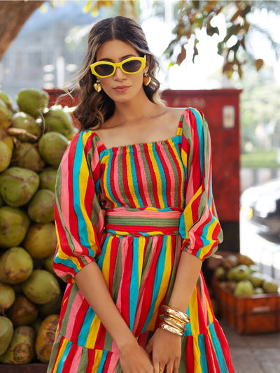 Honor Shirred Midi Dress in Carnivale Stripe