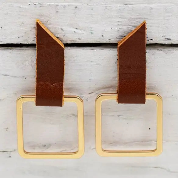 Leather & Metal Square Earrings