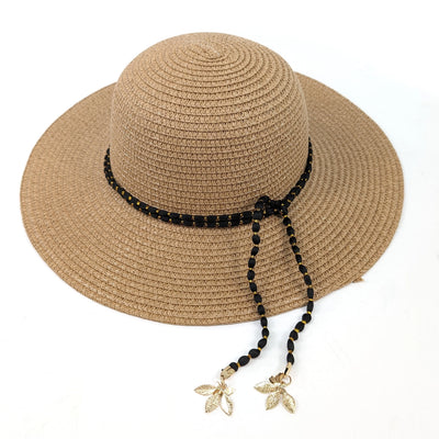 Foldable Cloche Sun Hat with Black Band & Gold Leaf Charms