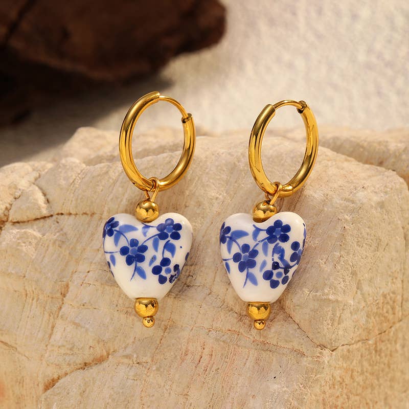 Porcelain Flower Print Heart Earring in White, Blue &amp; Gold