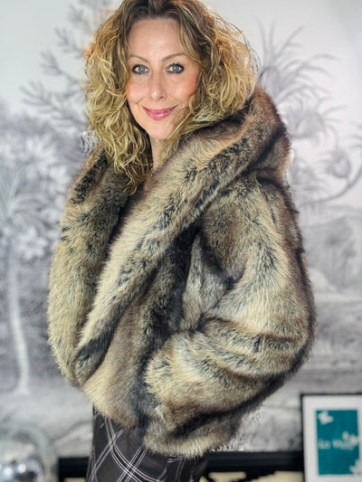 Enid hooded Oversized Two Tone Faux Fur Short Coat