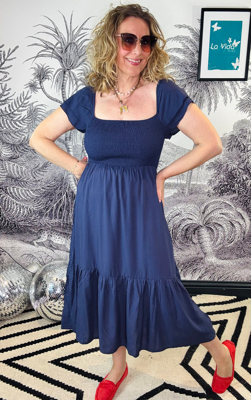 Hannah Shirred Bodice Square Neck Dress