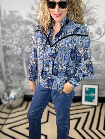 Mylene Long Sleeve Frill Shirt with Velvet Detail