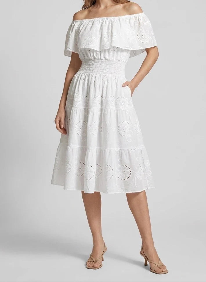 Benalmadena Broderie Anglaise Off-the-Shoulder Midi Dress