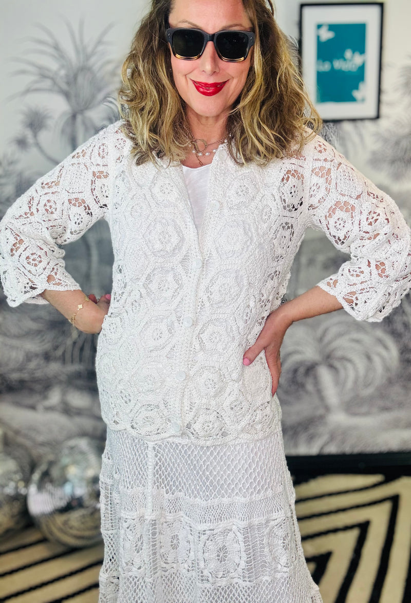 Mina Geo Crochet Collarless Shirt Cardigan