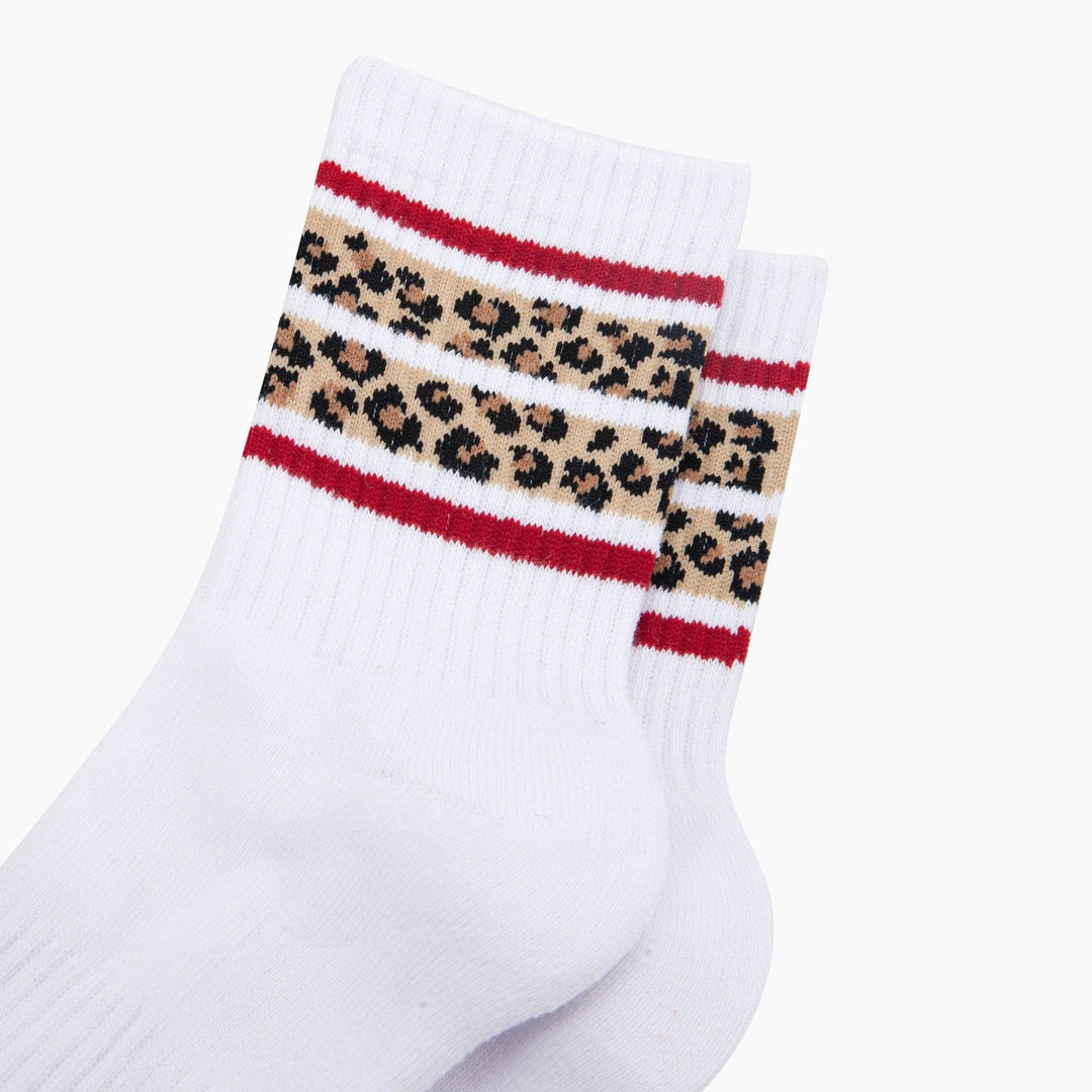 Leopard Print Striped Combed Cotton Sports Socks in White: UK 3-7 | EU 36-40 | US 5-9