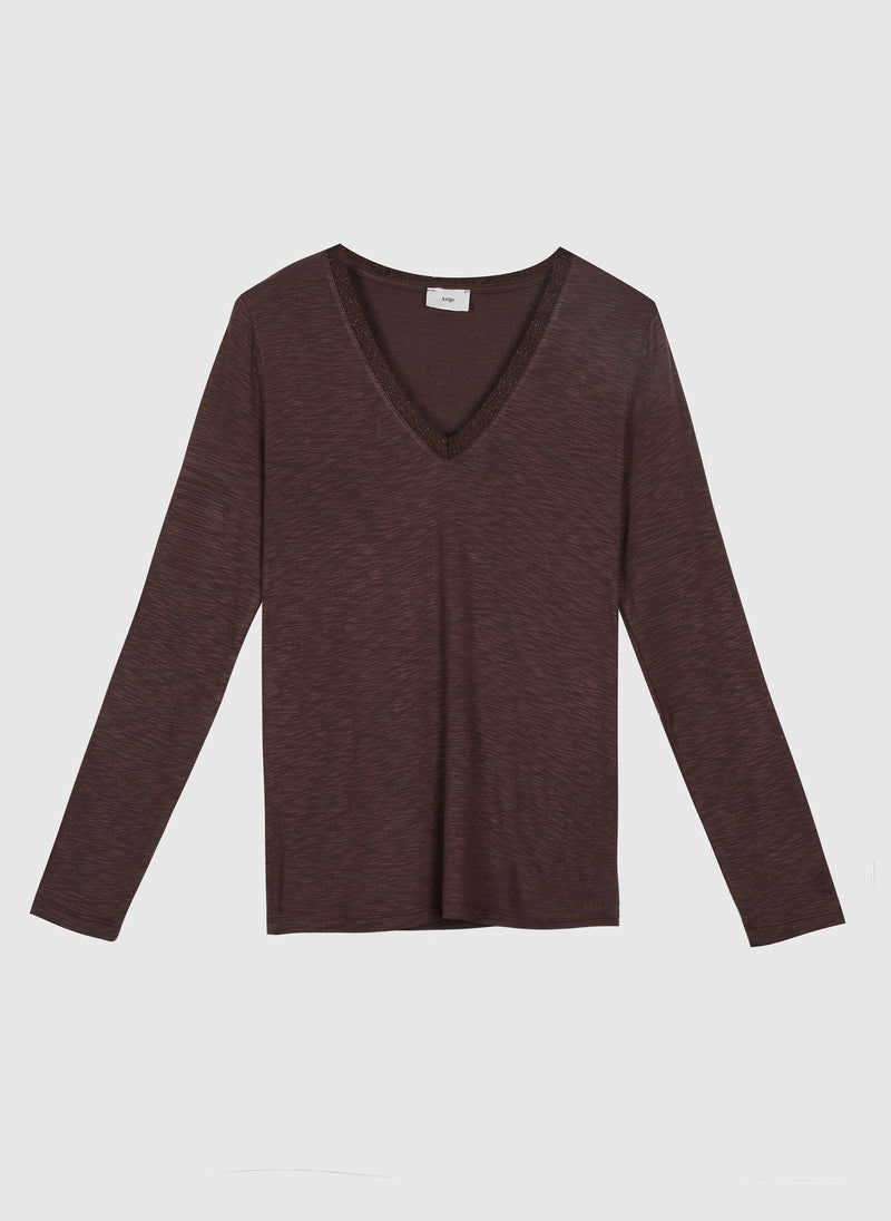 Tenio V-Neck Long Sleeve T-Shirt in Chocolate Brown