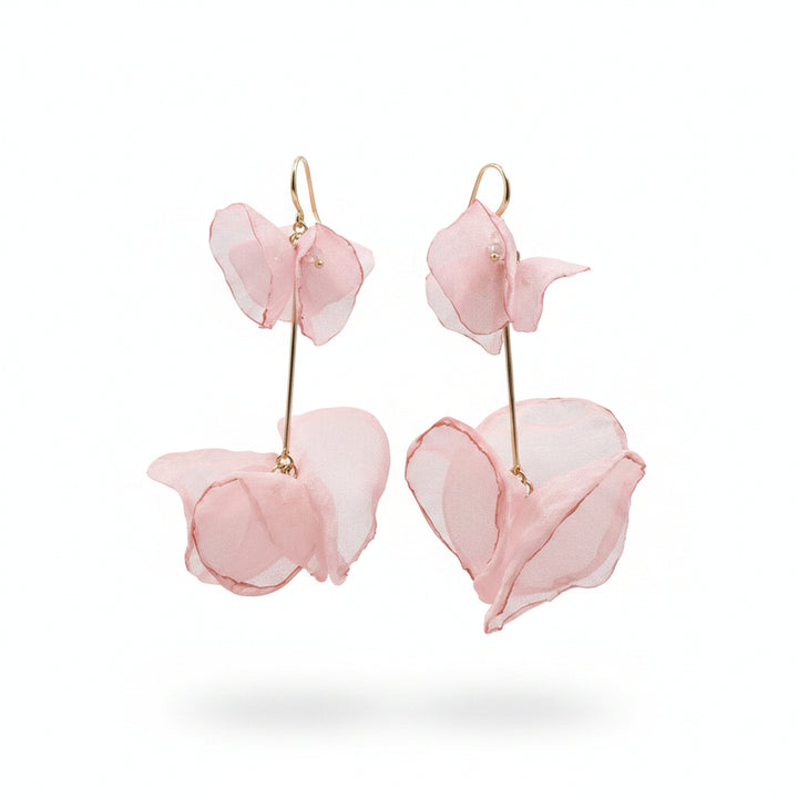 Light weight sheer fabric flower earrings with fine golden bar