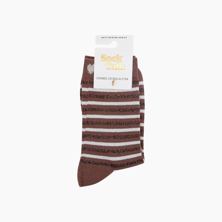 Stripes Hearts Combed Cotton Glitter Socks in Chocolate/Beige: UK 3-7 | EU 36-40 | US 5-9