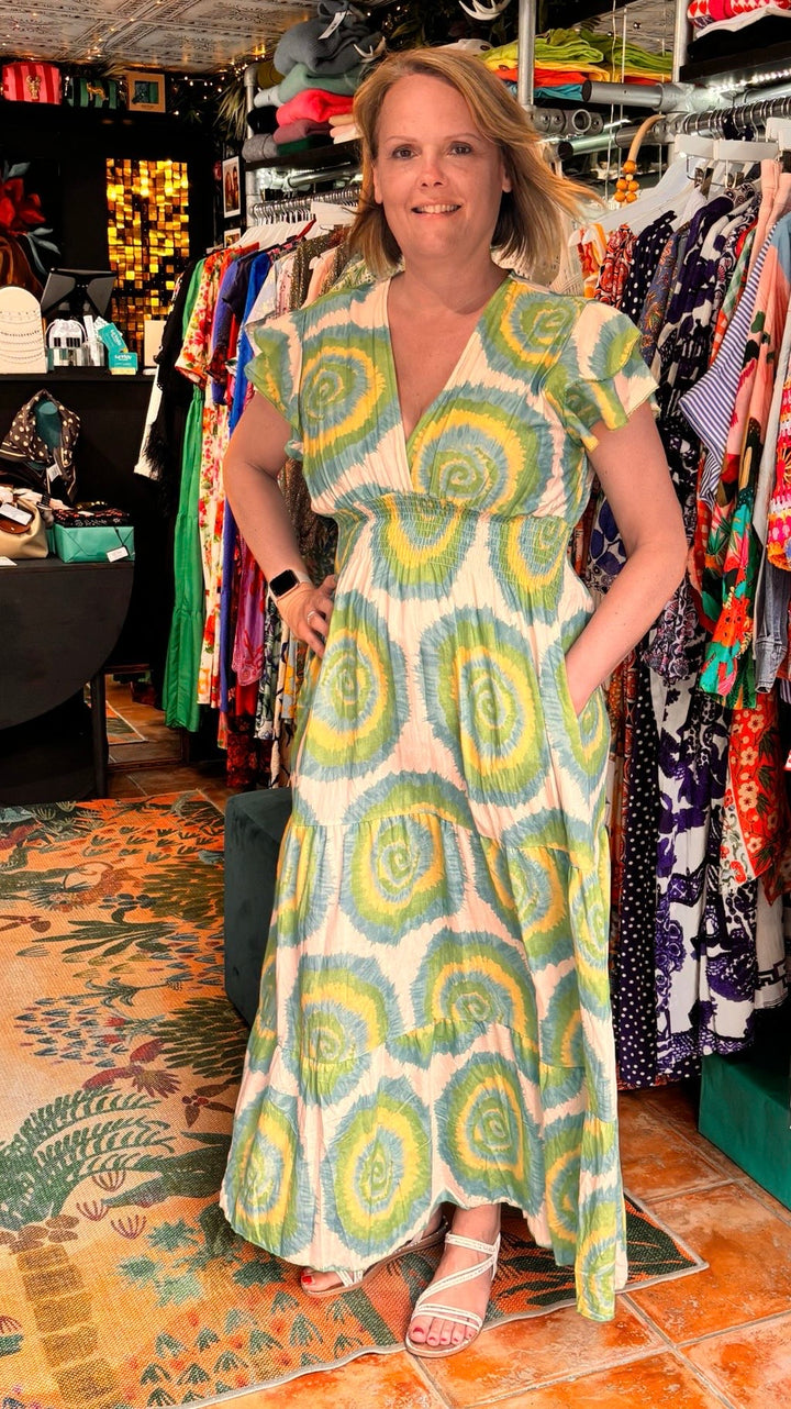 Competa Tie Dye Flutter Sleeve Cinched Waist Maxi Dress