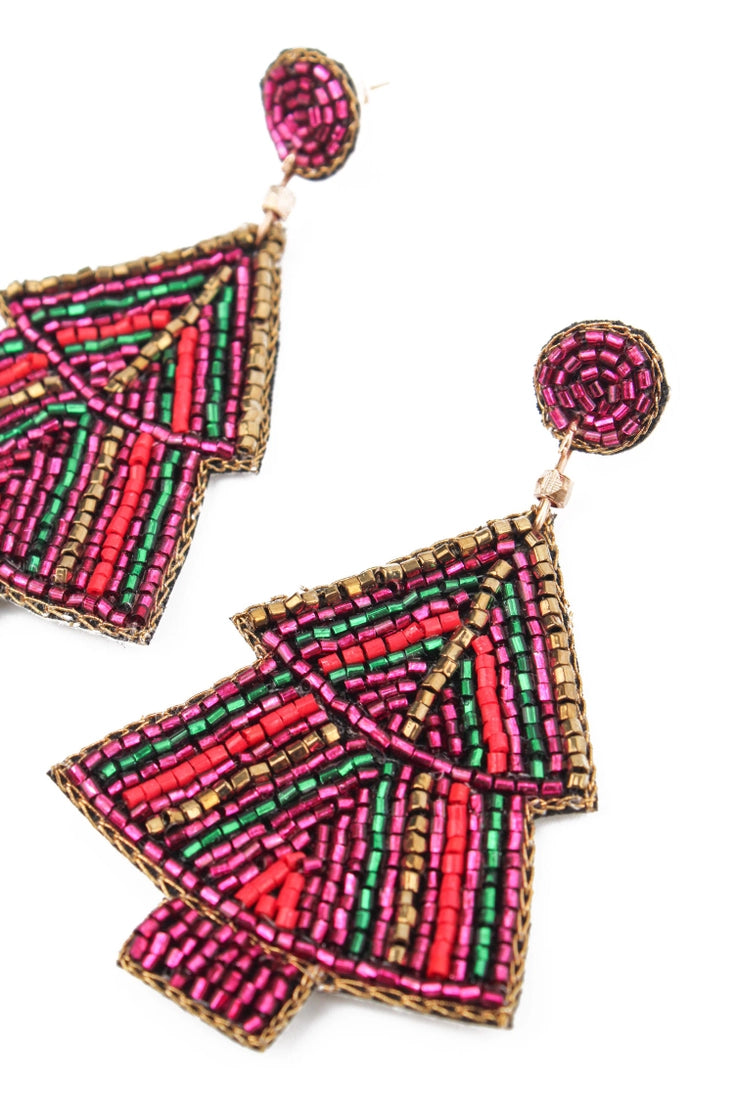 Multi Stripe Christmas Tree Beaded Earrings