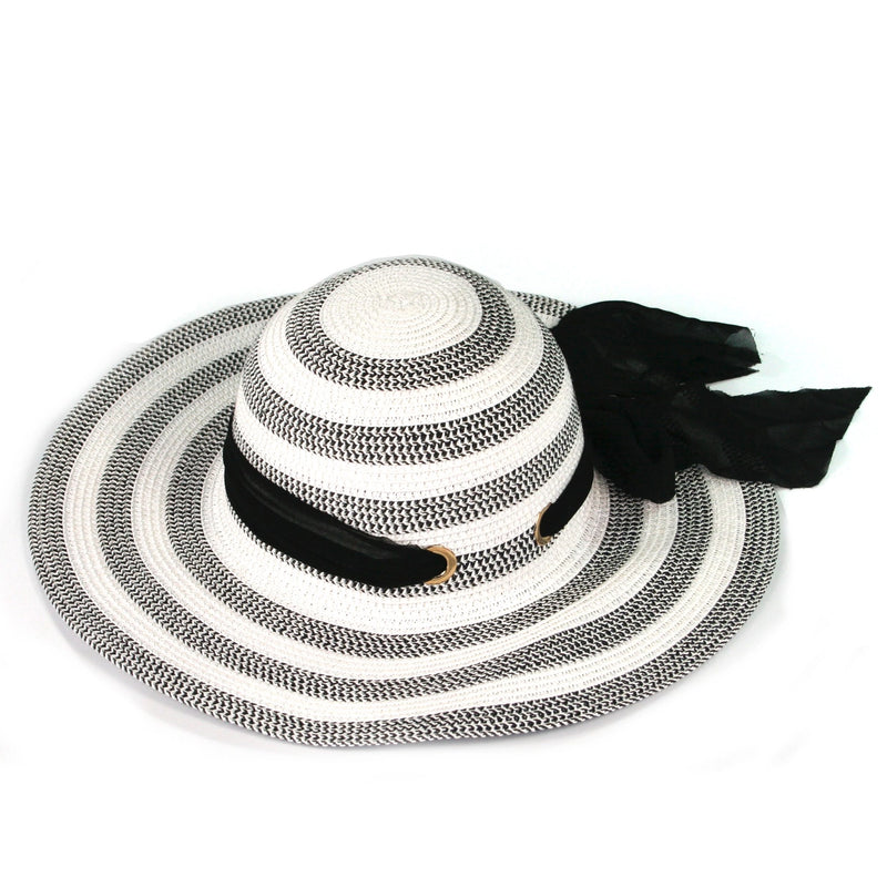 Monochrome Stripe Sun Foldable Hat with Black Ribbon Band