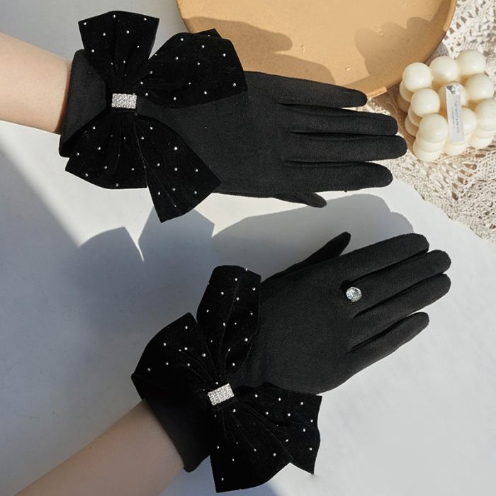 Luxury Velvet & Crystal Bow Gloves