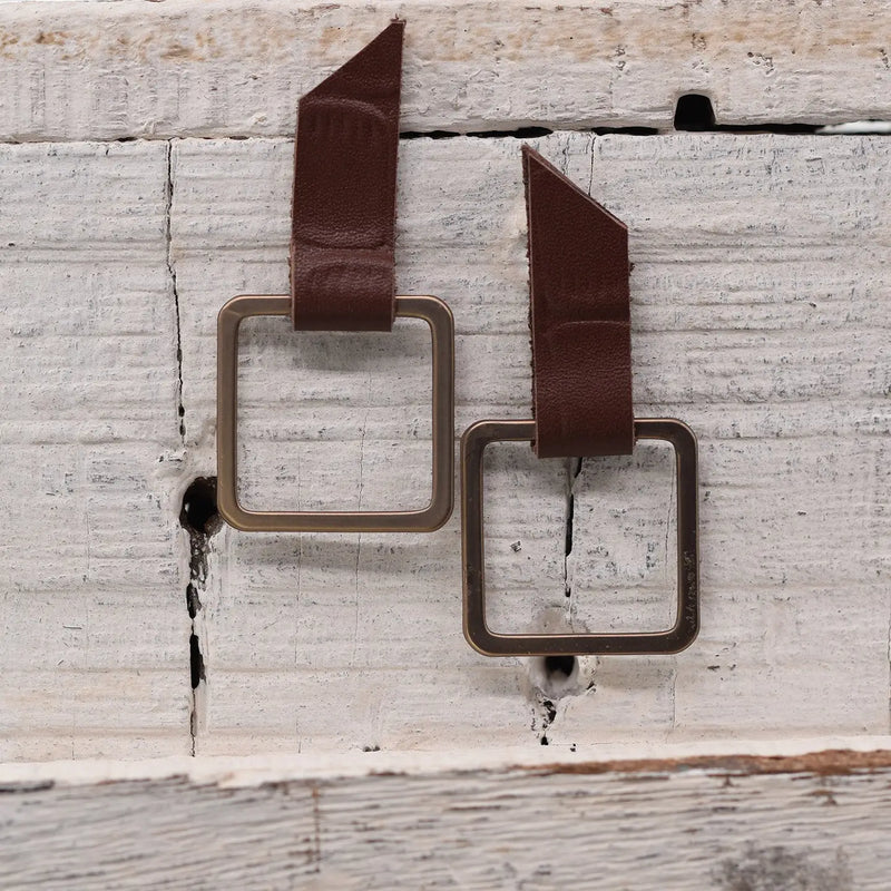 Leather & Metal Square Earrings