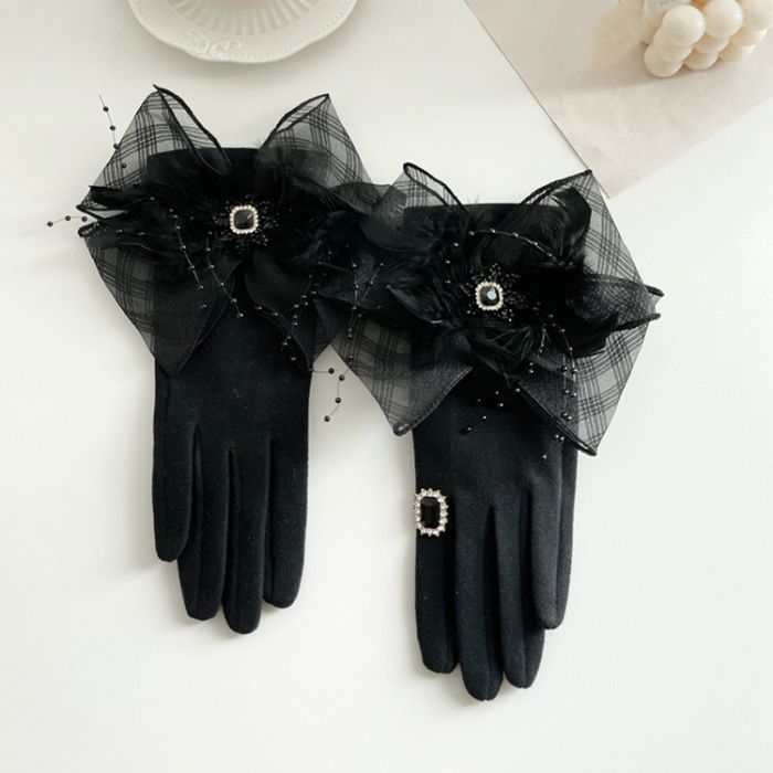 Luxury Organza Bow & Feather Embellished Gloves