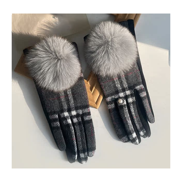 Tartan Gloves with Fluffy Pompom