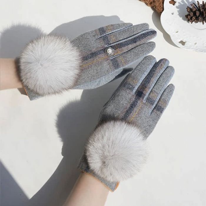 Tartan Gloves with Fluffy Pompom