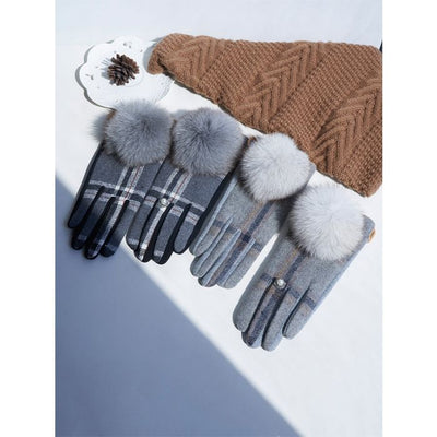Tartan Gloves with Fluffy Pompom