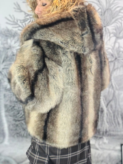 Enid hooded Oversized Two Tone Faux Fur Short Coat