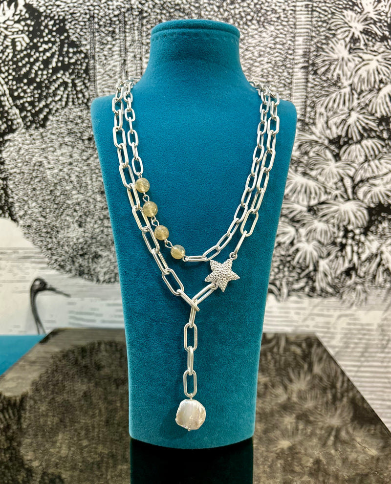 Pearl & Star Double Paperclip Chain Necklace