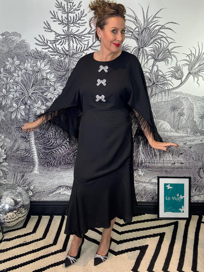 Helena Feather Trim Flutter Sleeve Midi Dress