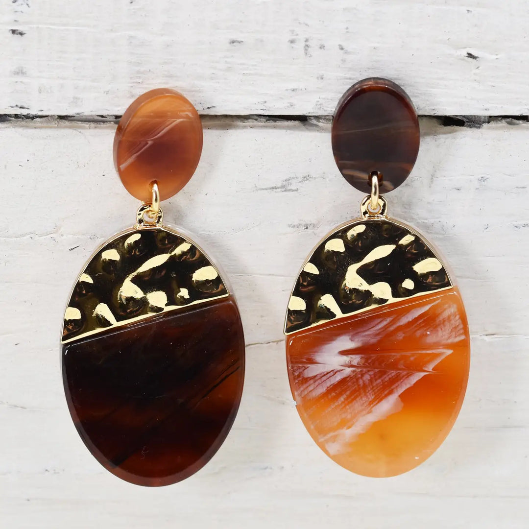 Oval Resin &amp; Hammered Gold Earrings