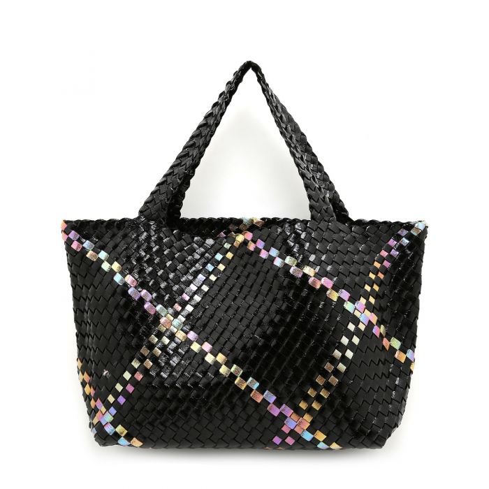 Oversized Metallic Weave Tote Bag in Black Iridescent Stripe