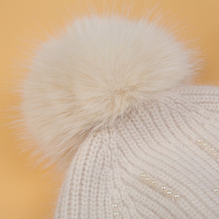 Harbin Pearl Detail Pompom Beanie Hat