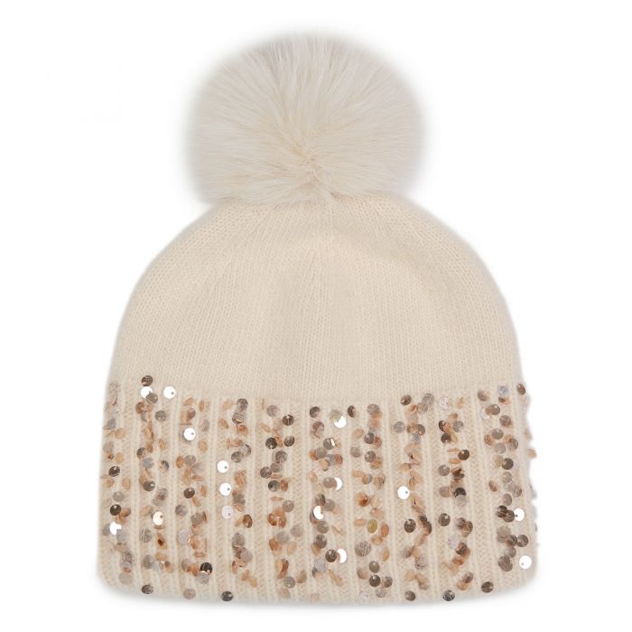 Half Sequin Pompom Beanie Hat