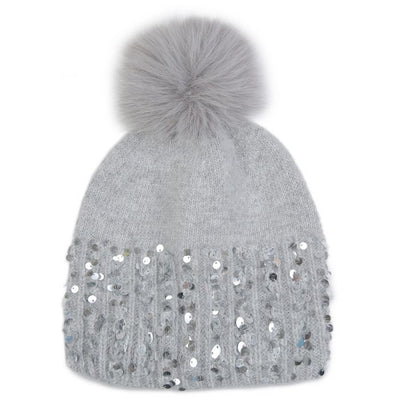 Half Sequin Pompom Beanie Hat