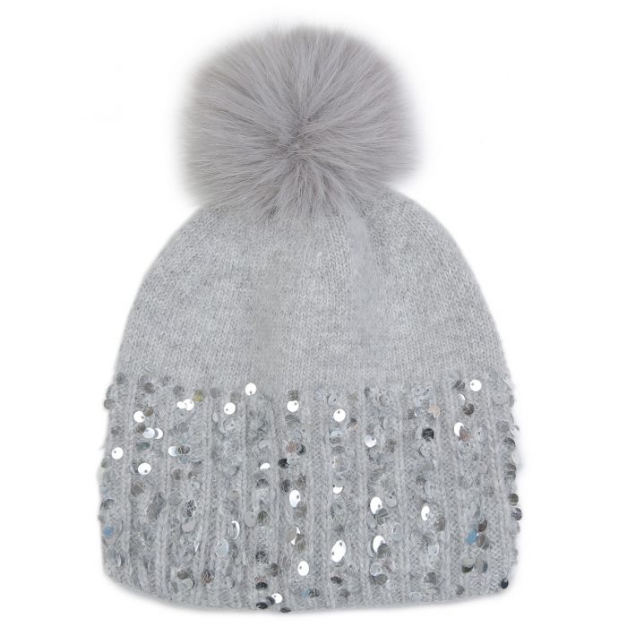 Half Sequin Pompom Beanie Hat