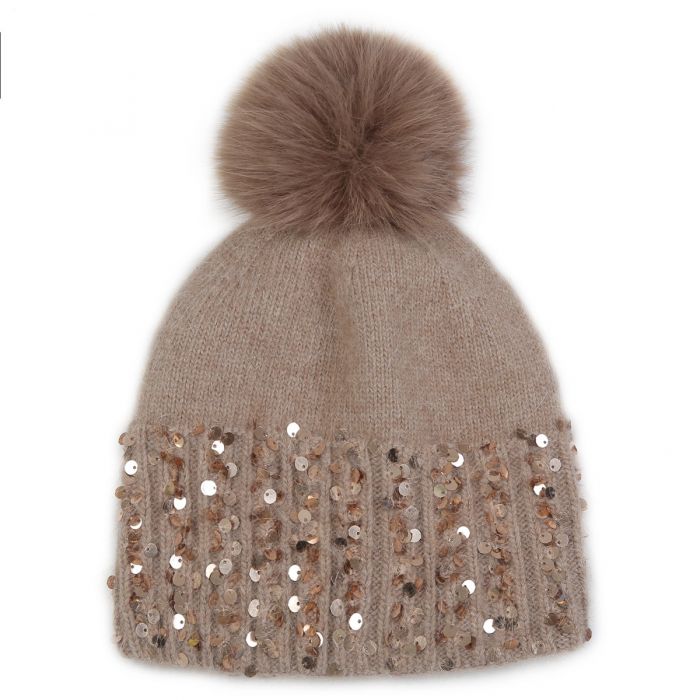 Half Sequin Pompom Beanie Hat