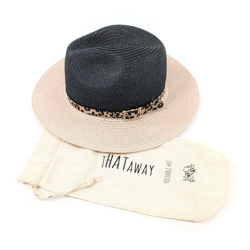 Foldable Panama Hat in Black/ Pale Pink with Leopard Band