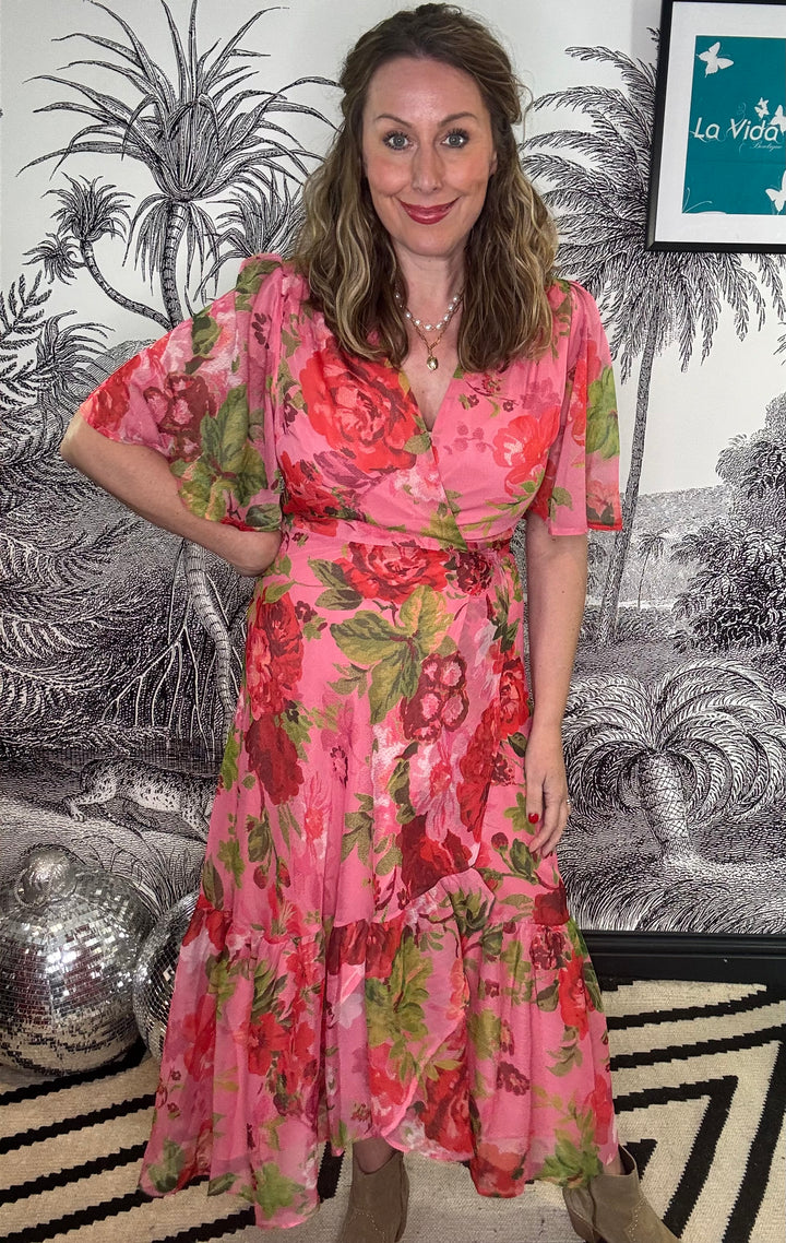 Roxanne Flutter Sleeve Maxi Wrap Dress