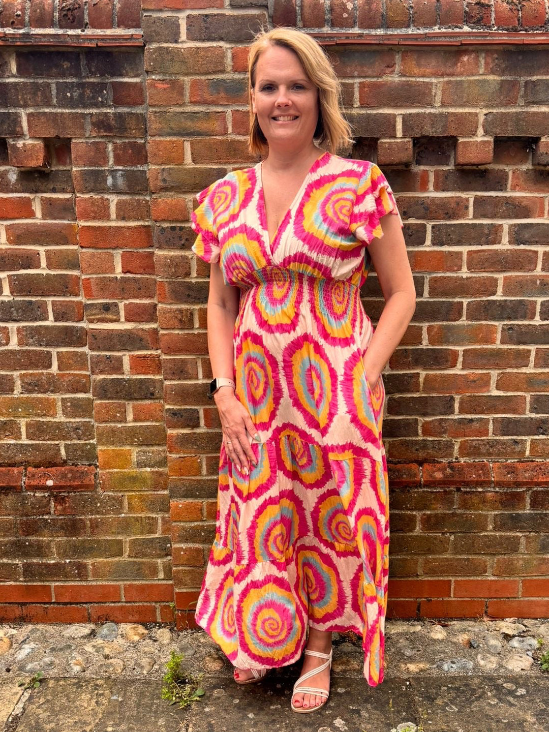Competa Tie Dye Flutter Sleeve Cinched Waist Maxi Dress