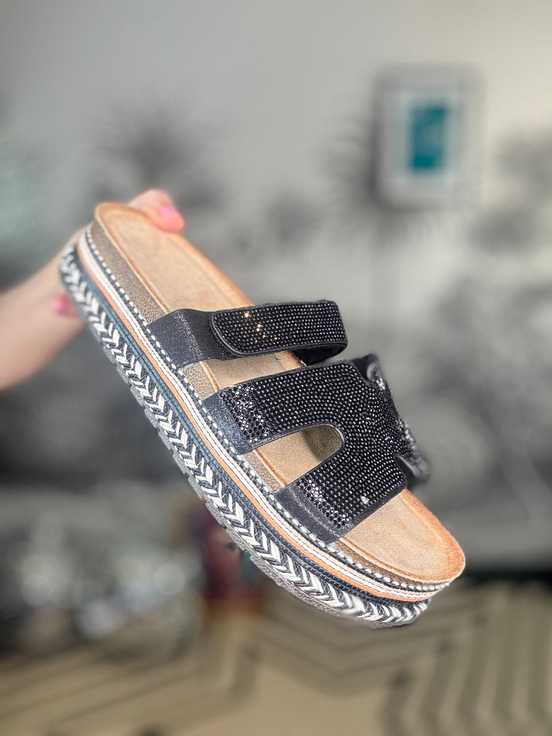 Vallarta Chunky Sole Black Glitter Slider Sandals