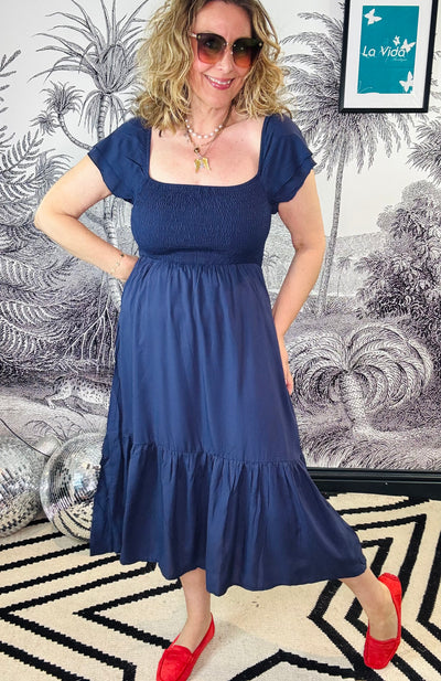 Hannah Shirred Bodice Square Neck Dress