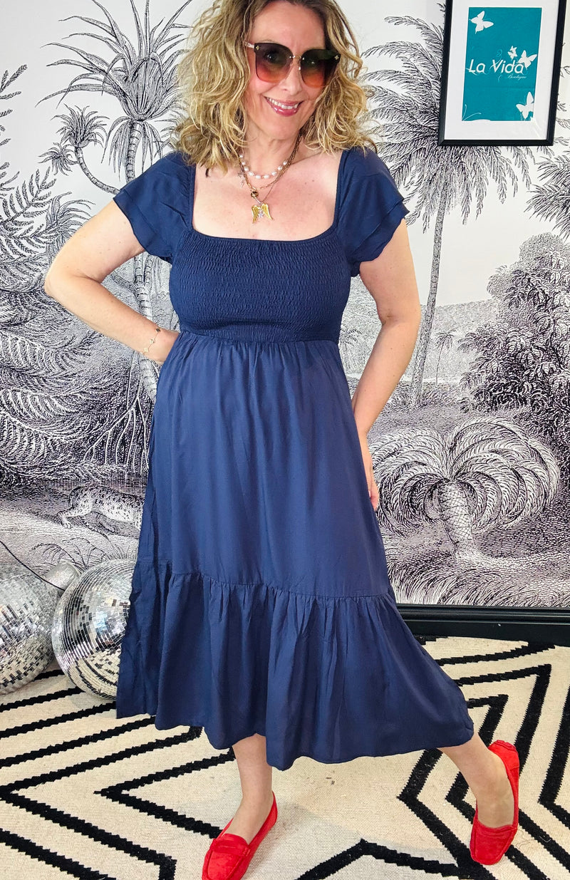 Hannah Shirred Bodice Square Neck Dress