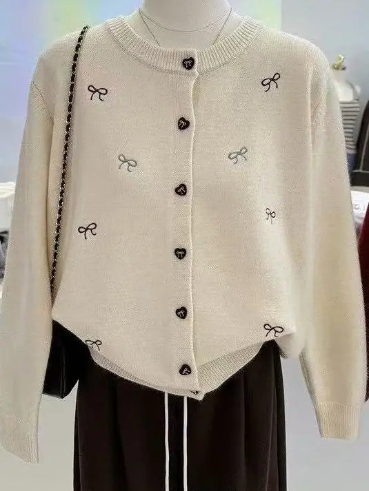 Beatrice Embroidered Bow Cardigan with Heart Buttons