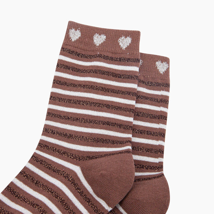 Stripes Hearts Combed Cotton Glitter Socks in Chocolate/Beige: UK 3-7 | EU 36-40 | US 5-9