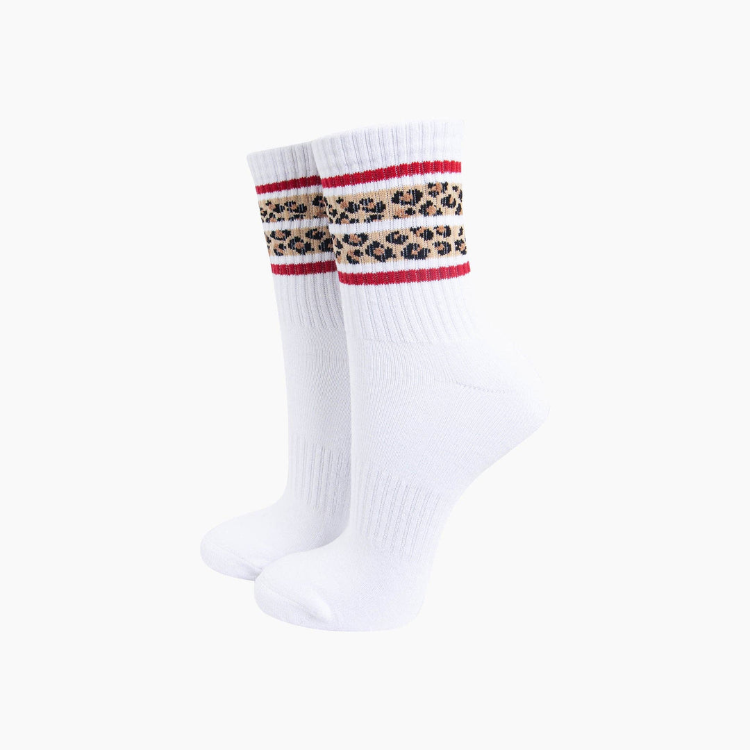 Leopard Print Striped Combed Cotton Sports Socks in White: UK 3-7 | EU 36-40 | US 5-9