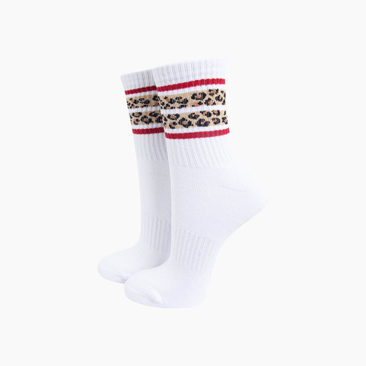 Leopard Print Striped Combed Cotton Sports Socks in White: UK 3-7 | EU 36-40 | US 5-9