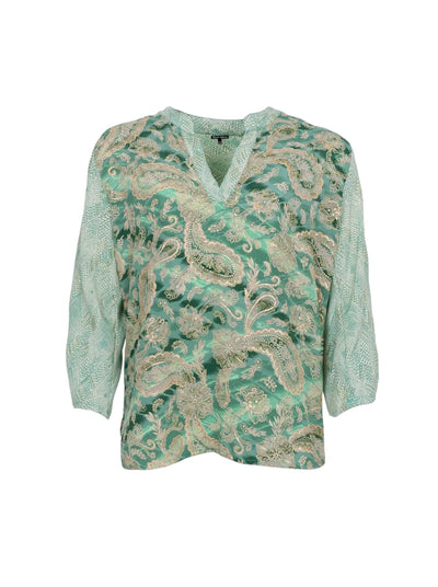 Luna Flare Sleeve Blouse in Green Floral Mix